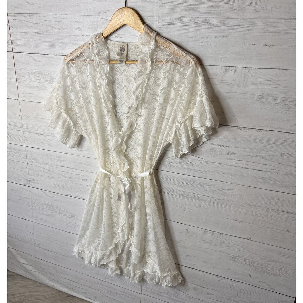 In Bloom by Jonquil Robe Womens Size Small Ivory Retro Lace Wrap Babydoll Floral - Picture 5 of 16